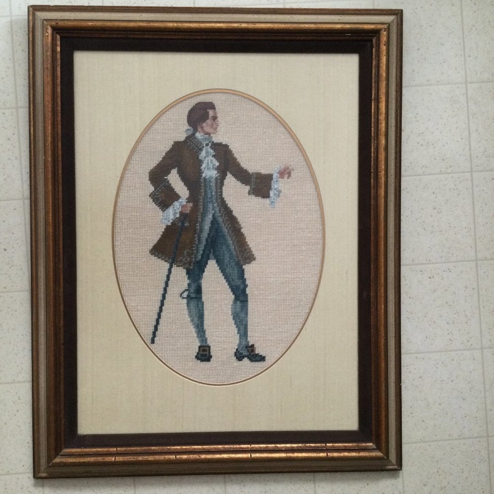 Handmade needlework petit point embroidery wall hanging wood frame Victoria man